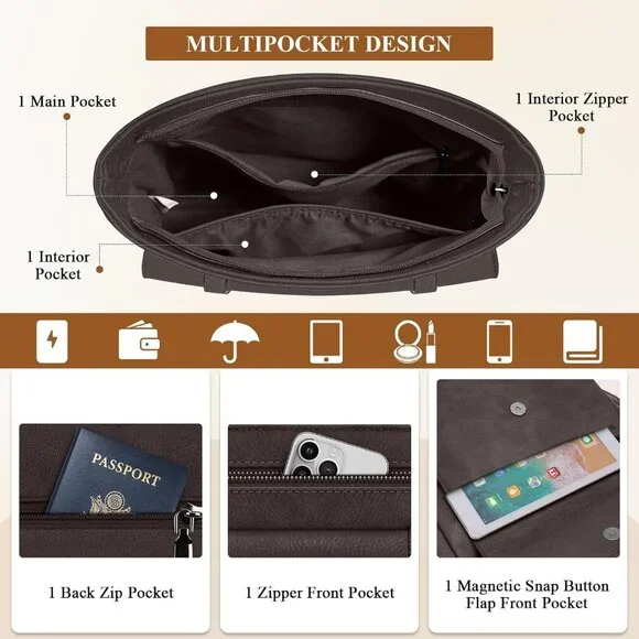 Women’s Coffe Waterproof Crossbody Shoulder Leather bags - Picture 3 of 6